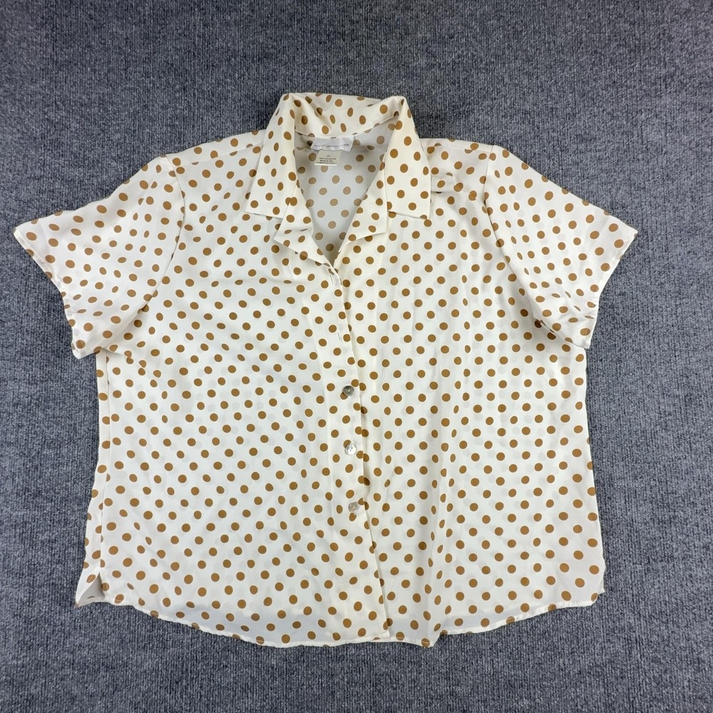 Susan Graver Style Shirt Womens 3X White Polka Dot Button Front Short Sleeve Top